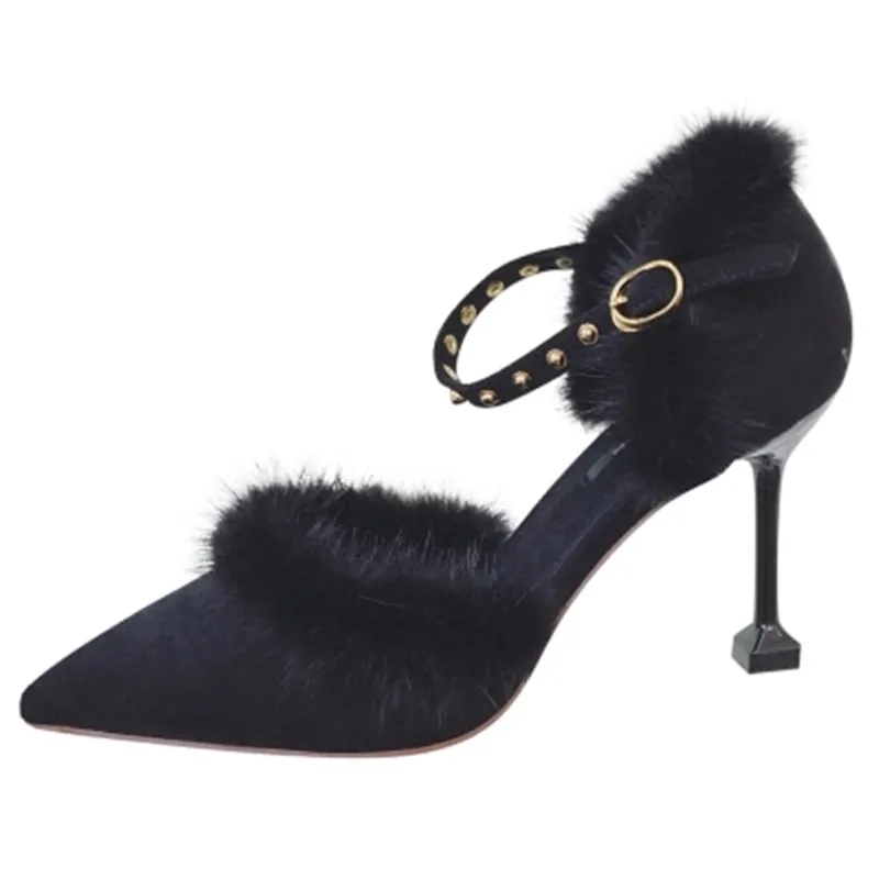 

2018 European and American pointed high-heeled plush shoes suede mink hair single shoes rivets fine with cat heel shoes