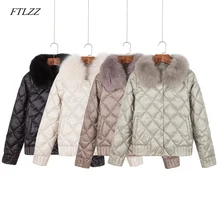 FTLZZ, женский пуховик с воротником из натурального меха, зимний теплый ультра светильник, короткая куртка, белая парка на утином пуху, элегантное пальто, верхняя одежда