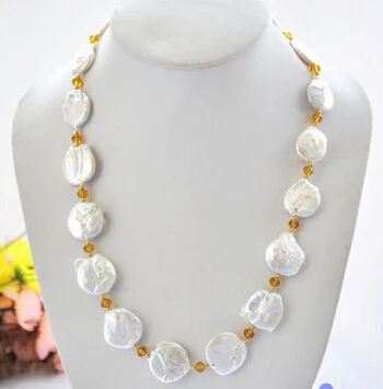 

hot sell new - HOT3396 22mm white baroque coin freshwater pearl faceted citrine necklace
