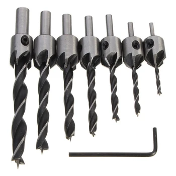 

7+1 Three-pointed Countersink Drill Bit Set Mortising Chisel Hexagonal Handle Wrench