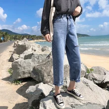 S-XL г. осенние и зимние корейский шикарный стиль женские джинсовые Штаны синий высокой талией рваные джинсы женские прямые брюки женские(Z8575