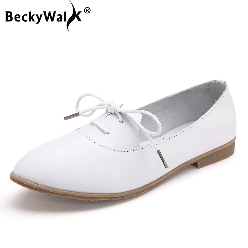 

BeckyWalk Women Summer Ballet Flats Pointed Toe Leather Shoes Women Spring Lace Up White Loafers Ladies Driving Shoes WSH2881