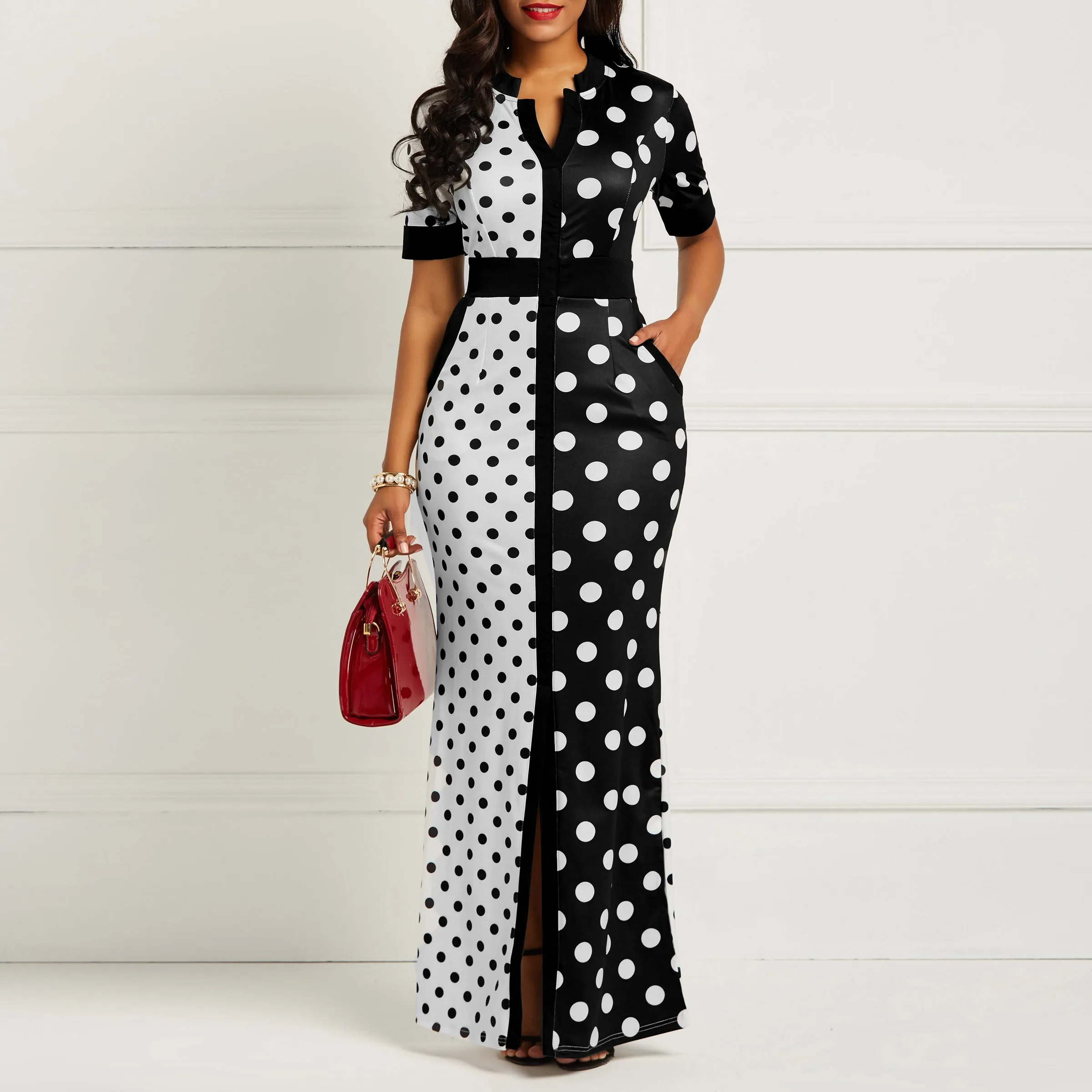 

Vintage Bodycon Dress Women 2019 Fashion Black White Polka Dot Bandage Split Skinny Office Lady Elegant Party Sexy Maxi Dresses