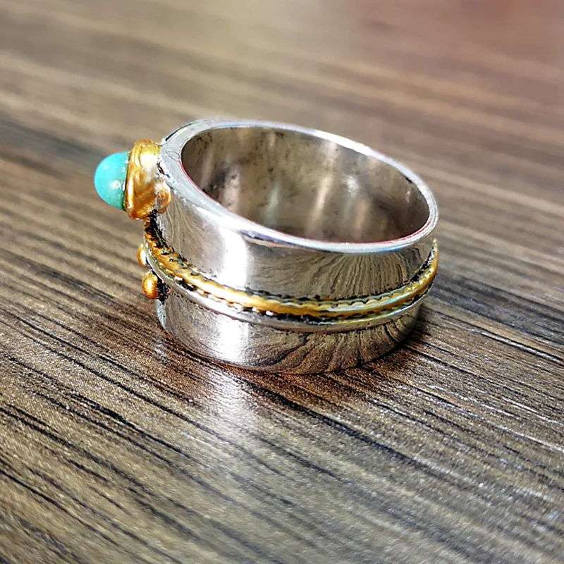 Модное винтажное Золотое серебряное двухцветное бирюзовое свадебное кольцо натуральные кольца с синим камнем для женщин и мужчин вечерние ювелирные изделия в стиле бохо Размер 6-10