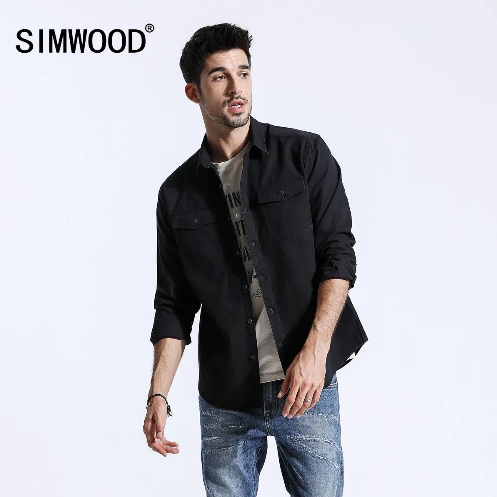 

SIMWOOD 2019 Men Shirts Brand Letter Embroidered Long Sleeve Cotton Tops Blouse Slim Fit Shirt For Men camisa masculina 180388
