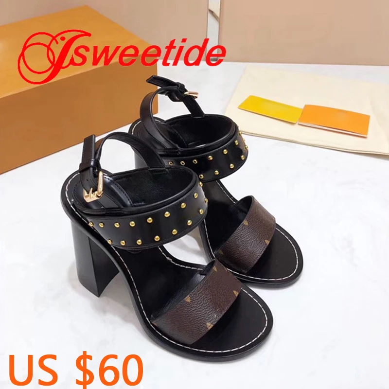 

Fashion High Quality Rivets Ladies Sandals Gladiator Buckle Strap Woman Thick heel Brand Genuine Leather Summer Sandals