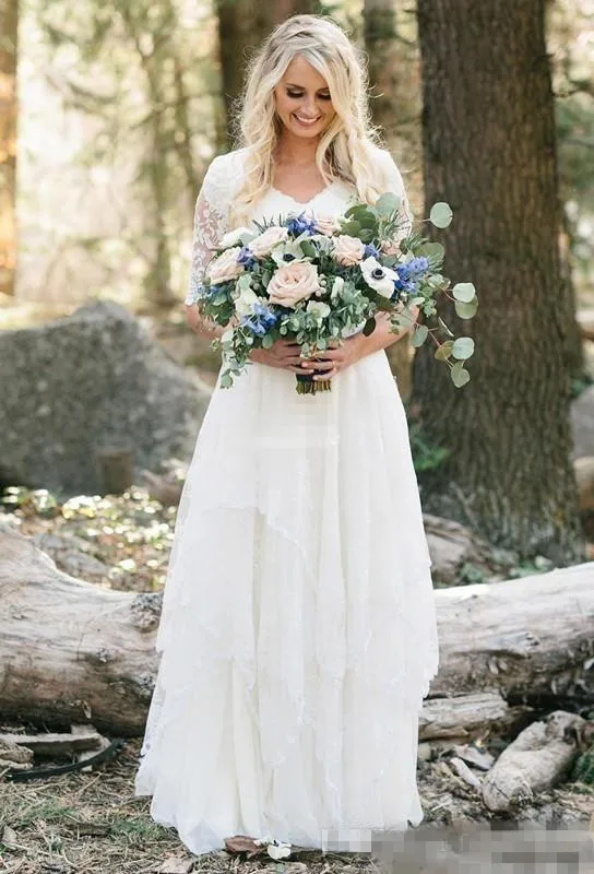 Western Country Wedding Dresses Lace Chiffon Modest V Neck