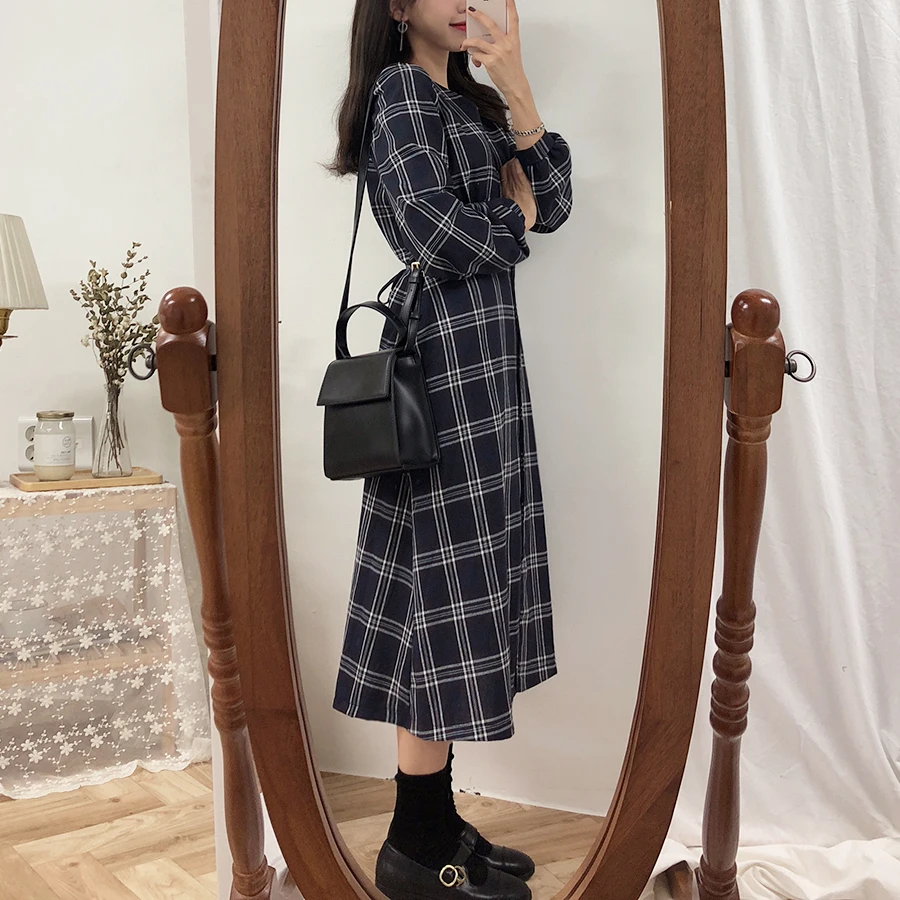 Платье-рубашка в шотландскую клетку, новинка,, женское платье в японском Корейском стиле, милое винтажное платье трапециевидной формы с v-образным вырезом для девушек 9001
