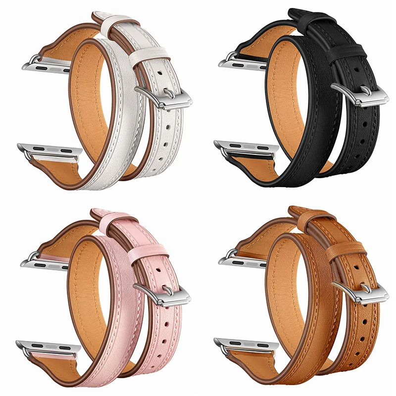 Для женщин и девушек двойной тур ремешок из натуральной кожи для Apple Watch пряжка