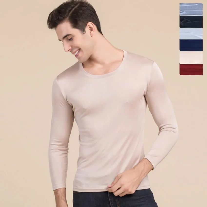 

50% Silk 50% Viscose Knitted Men's T-Shirts Casual Long Sleeve Round Neck Sleepwear undershirt HY003