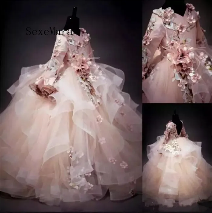 Long Sleeves Flower Girl Dresses Floral Applique V-Neck Fluffy Organza Ball Gown For Girls Birthday Pretty Communion Dress цена Long Sleeves Flower Girl Dresses Floral Applique V-Neck Fluffy Organza Ball Gown For Girls Birthday Pretty Communion Dress цены онлайн