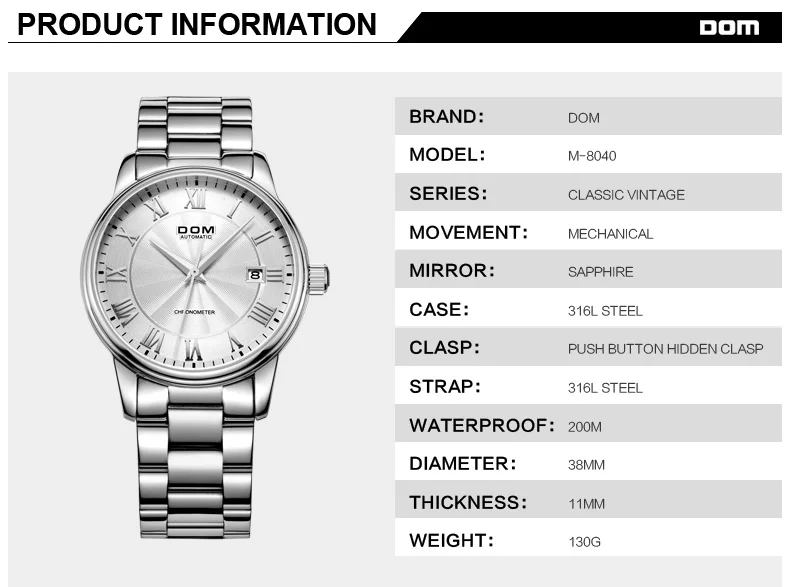 DOM мужские часы Топ бренд класса люкс водонепроницаемые механические часы нержавеющая сталь сапфировое стекло Автоматическая Дата Reloj Hombre M-8040