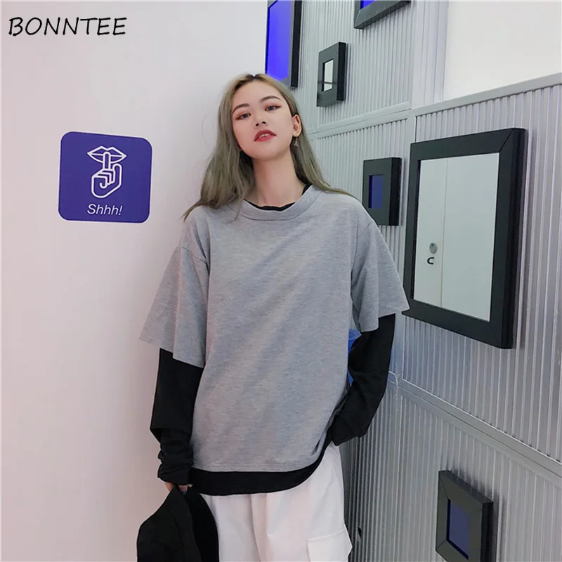 

Hoodies Women 2019 Fashion Harajuku Loose Patchwork Long Sleeve Pullovers Simple Chic Hip Hop Female Sweatshirt Soft Student