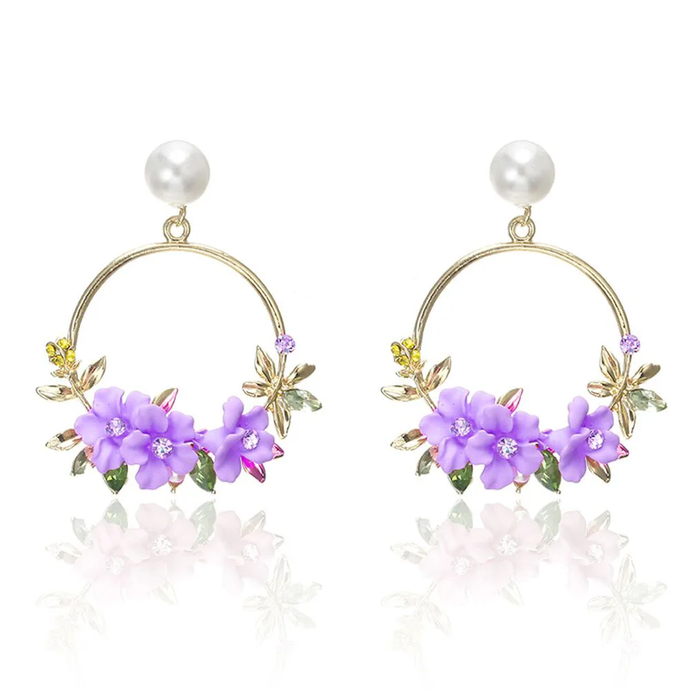 

2019 Fashion Cute Pink/Purple Flower Earrings For Women Accessories Jewelry Vintage Rhinestone Round Geometric Drop Earrings