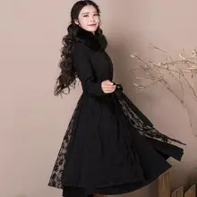 Новое осенне-зимнее модное шерстяное пальто с воротником из искусственного меха и кружевной вышивкой, тонкая верхняя одежда, ультра длинное черное Женское пальто