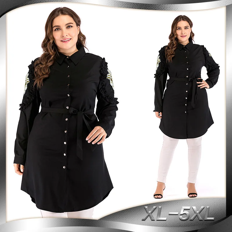 

Autumn Winter Women Muslim Abaya Dress Turn-Down Collar Embroidery Flower Long Sleeve Islamic Dress Turkish Muslim Clothing
