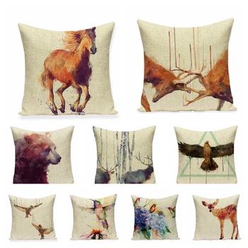 

North Design Cotton Linen Printed Pillowcase Watercolor Bird Deer And Cushions Home Decor Decorative Pillow Sofa Throw Pillows