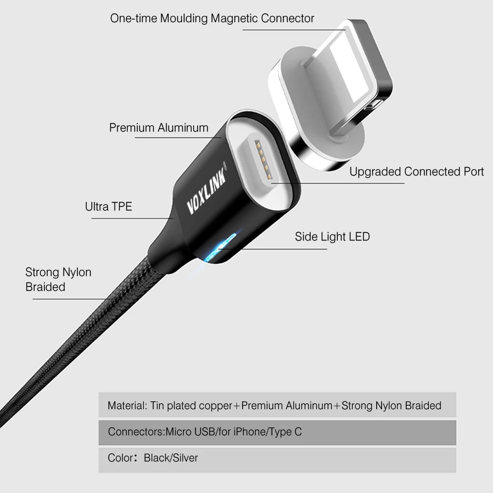 Магнитный кабель VOXLINK, Micro usb type C, адаптер для быстрой зарядки телефона, Microusb type-C, магнитное зарядное устройство usb c для iphone, samsung