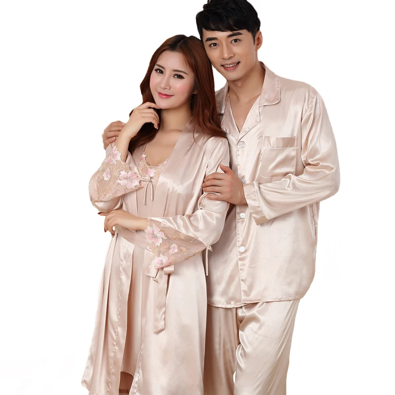 

Summer New Satin Lovers Pajamas Set Plus Size Long Sleeve Nightwear 2 Pcs Shirt&pant Couple Home Wear Casual Sleepwear M-3XL