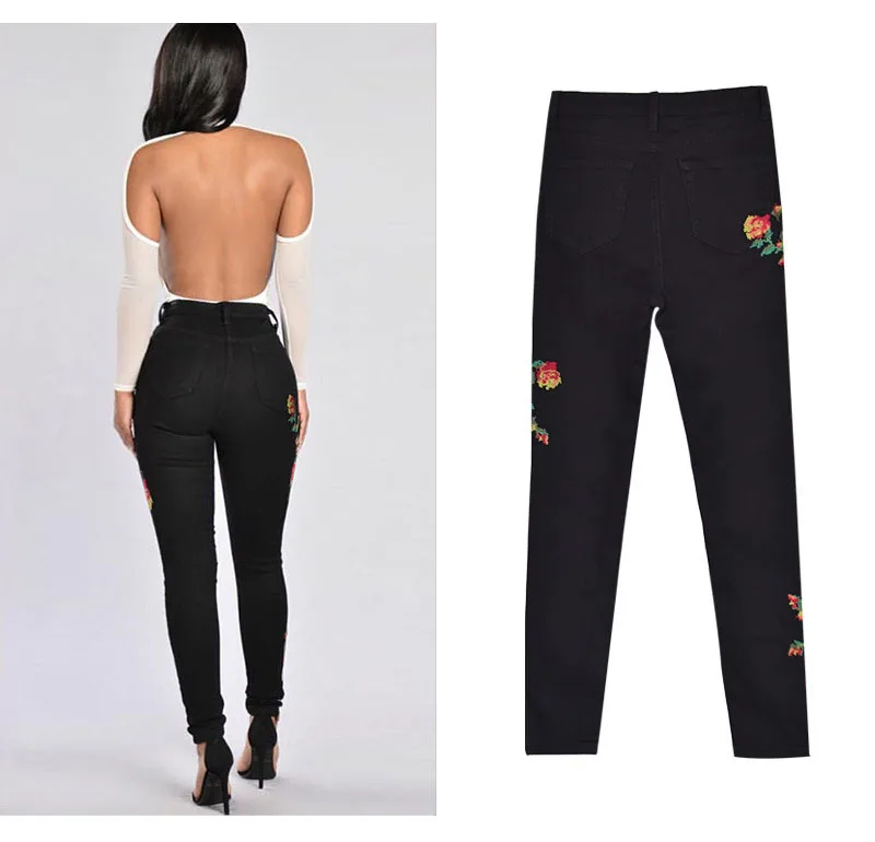2017 European and American women hot high waist Slim stretch front and rear side cross embroidery roses cowboy pants pants pants (8)