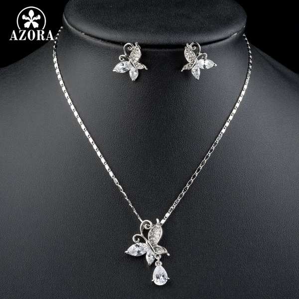 AZORA Cute Butterfly Clear Cubic Zirconia Tear Drop Pendant Necklace and Stud Earrings Jewelry Sets TG0141