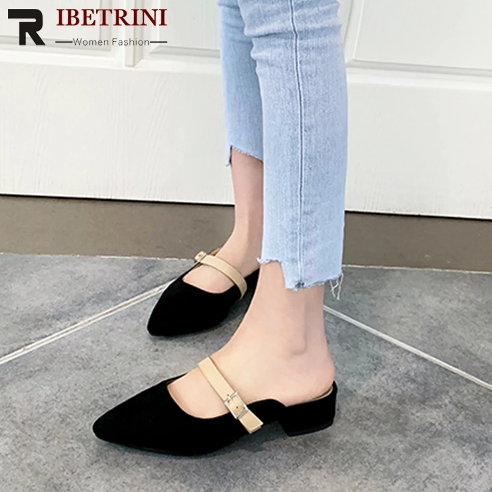 

RIBETRINI Fashion Buckle Decoration Summer Pumps Mules Woman Shoes Slip On Chunky Heels Black Shoes Woman Pumps Female