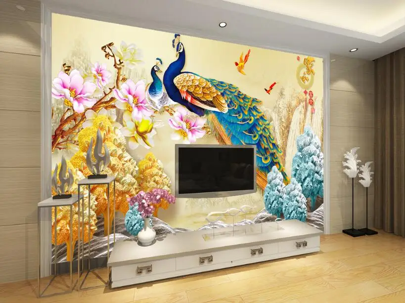Beibehang пользовательские 3D обои Гостиная Спальня Фреска Павлин рельеф цветок диван ТВ фон Настенные обои для стен 3 d