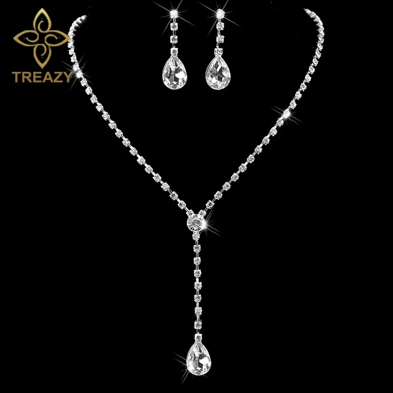

TREAZY Celebrity Inspired Style Crystal Teardrop Long Necklace Earrings Set Silver Color Wedding Bridal Bridesmaid Jewelry Set