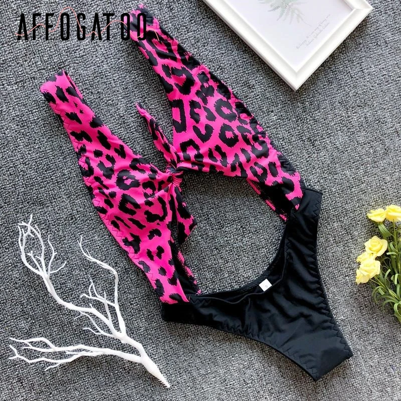 

Leopard neon bikini 2019 micro Deep v-neck swimsuit one piece Sexy hollow out swimwear women bathing suit Monokini new