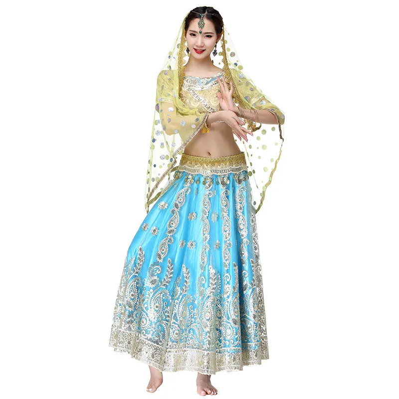 Танец живота одежда Болливуд костюм Индийский танец с высококачественной вышивкой сари 4 шт./компл. Топ ремень Юбка Сари - Цвет: turquoise