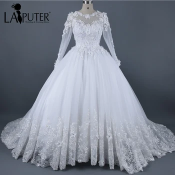 

Real Photos Ball Gown Wedding Dress 2017 Vintage Long Sleeve Arabic Muslim Islamic Wedding Gowns Lace Appliques Bridal Dresses