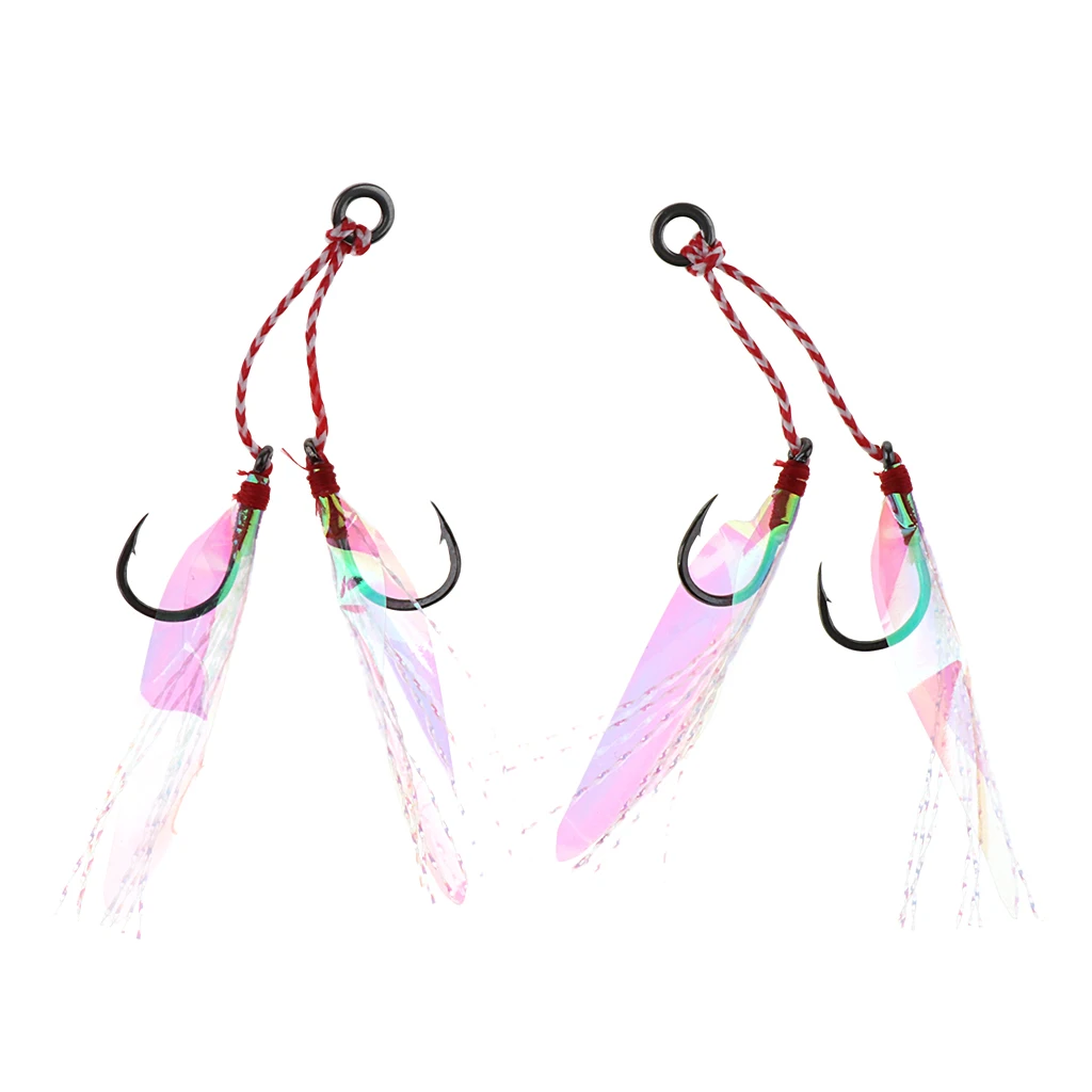 2Pcs Fishing Assist Hooks Double Jig Hooks Thread Feather Pesca Slow Jigging