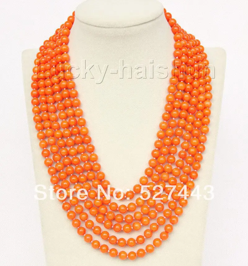 

Wholesale free shipping >>16"-21" 6row 7mm round orange yellow coral necklace magnet clasp