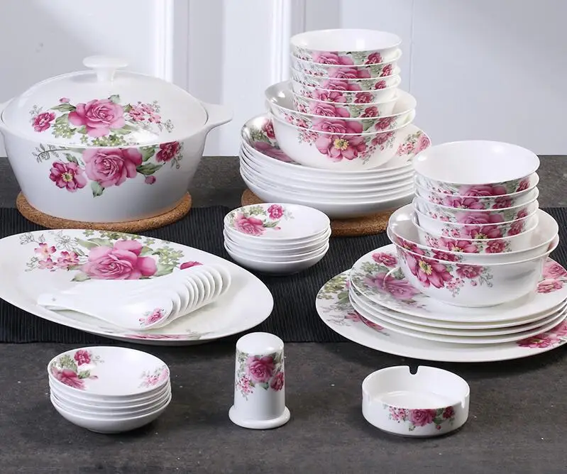 56 Pcs bone china tableware bowl set Chinese style ceramic dinnerware