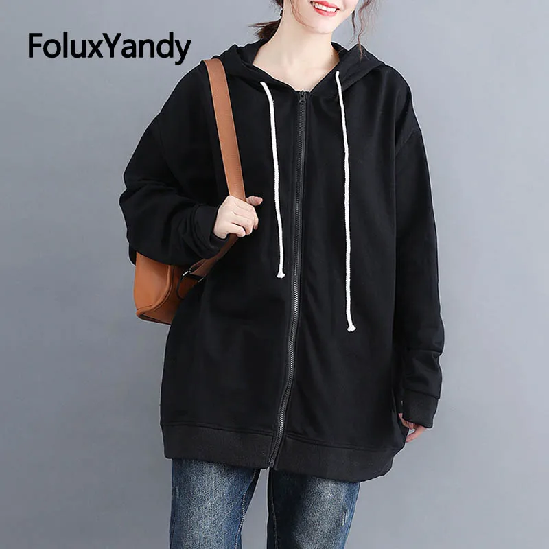 6 XL Plus Size Hoodie Women Casual Long Sleeve Loose Zip-up Hoodies Sweatshirt Black Outerwear NQYL58