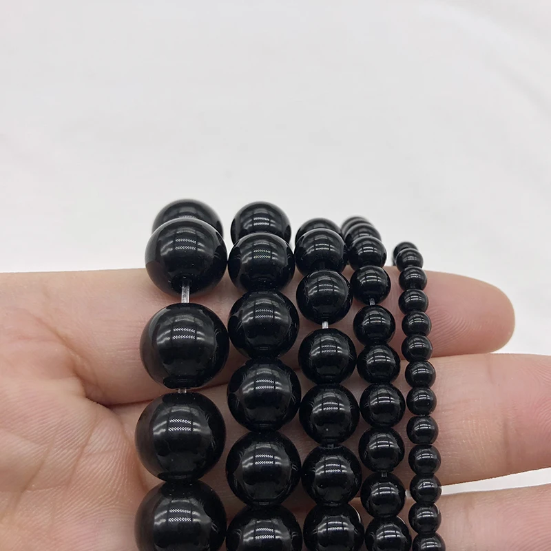 Natural Stone Beads Smooth Black Agates for Jewelry Making Diy Bracelet Necklace 15inches Round Onyx Loose Beads 4 6 8 10 12mm