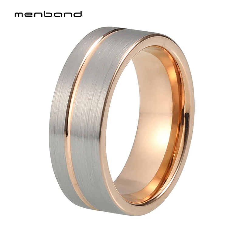 

Rose Gold Rings For Women And Men Wedding band Tungsten Ring With Offset Groove And Silver Brush Finish