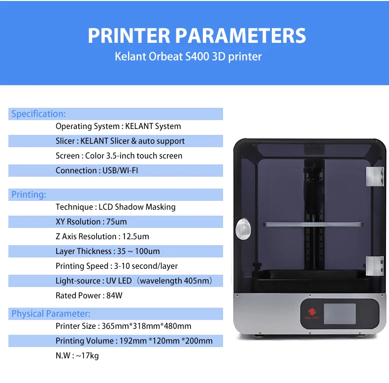 Kelant s400 lcd DLP 3d принтер s 8,9 дюймов 2K лазерный 3d принтер большой Фотон УФ Смола SLA светильник 192*120*200 мм impresora diy kit
