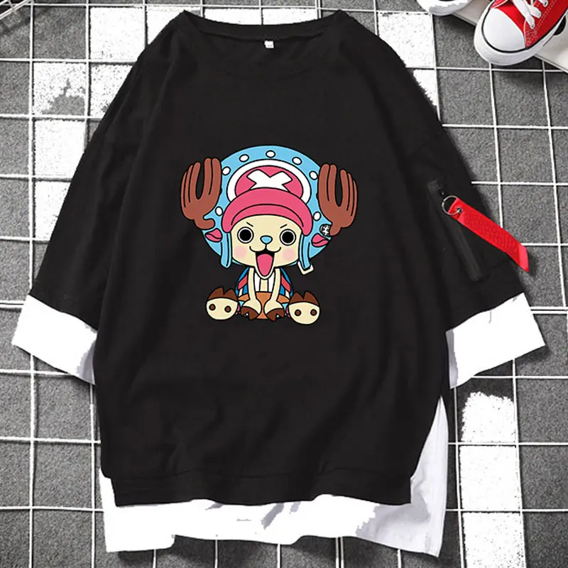 

Luminous Anime One Piece "Cotton Candy Lover" Tony Chopper Layered T-Shirts Half Sleeve Casual Zipper Loose Tee Streetwear Tops