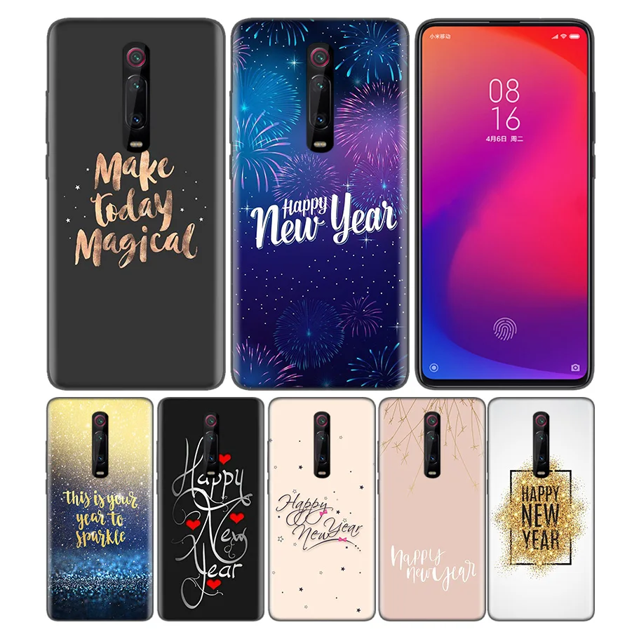 

Phone Pattern Black Rubber Soft Silicone Case Bag Cover for Redmi 7A Note 7 6 7S Y3 K20 Pro Core Shell Coque Happy New Year