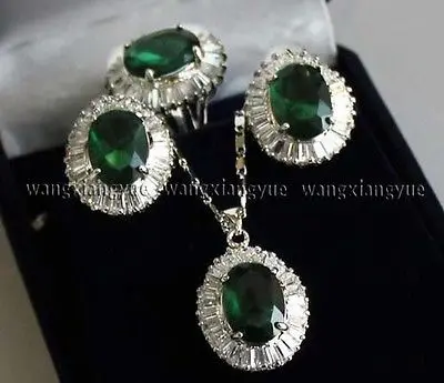 

14KGP GP Inlay Beryl Earrings /Ring / Necklace Pendant Set 18" >^^1>18K gold plated watch Quartz stone CZ crystal (A0503)