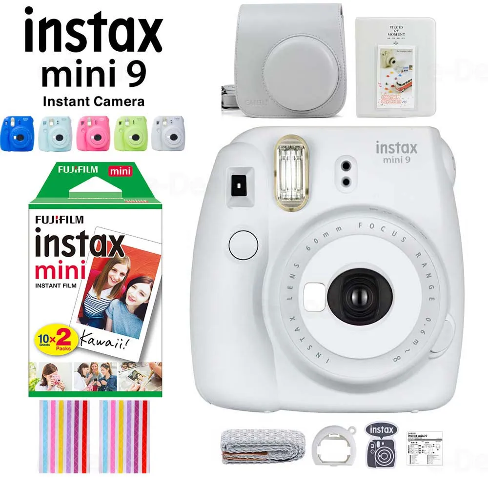 Fujifilm Instax Mini 9 мгновенных Фильм Камера с селфи зеркало/крупным планом объектив+ 20 листов Fuji белый пленка Фотобумага+ альбом+ PU Чехол - Цвет: Smoky White Set