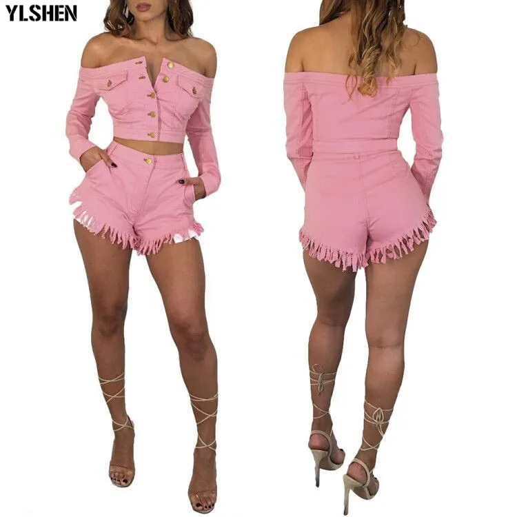 

2 Two Pieces Set Women Sexy Jeans Shorts Vogue Summer Tracksuit Sets Casual Denim Jeans Tasse Tops Shorts Suit Outfits Playsuit
