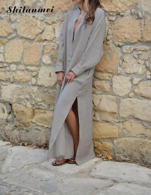 

2018 Spring Fashion Women Sexy Deep V Neck Shirt Dress Long Sleeve Casual Split Solid Long Maxi Dress Loose Autumn Party Vestido