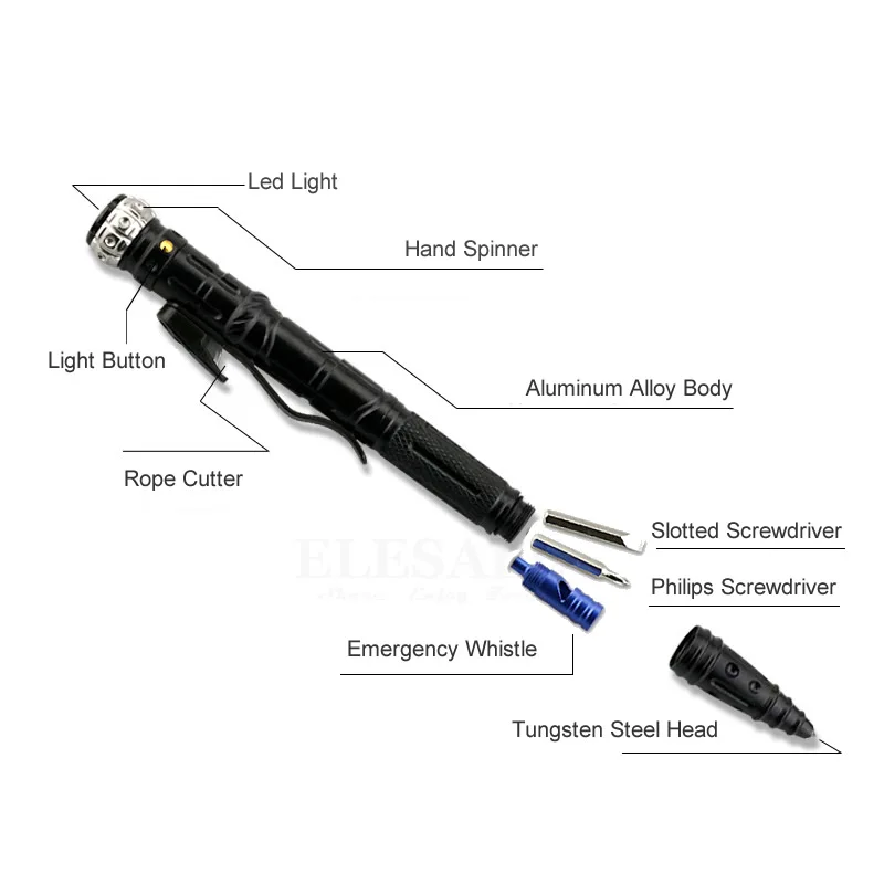 جديد 8 في 1 متعددة الوظائف الدفاع قلم تخطيطي في الهواء الطلق بقاء EDC أداة مع مصباح طوارئ LED صافرة كسّارة زجاج