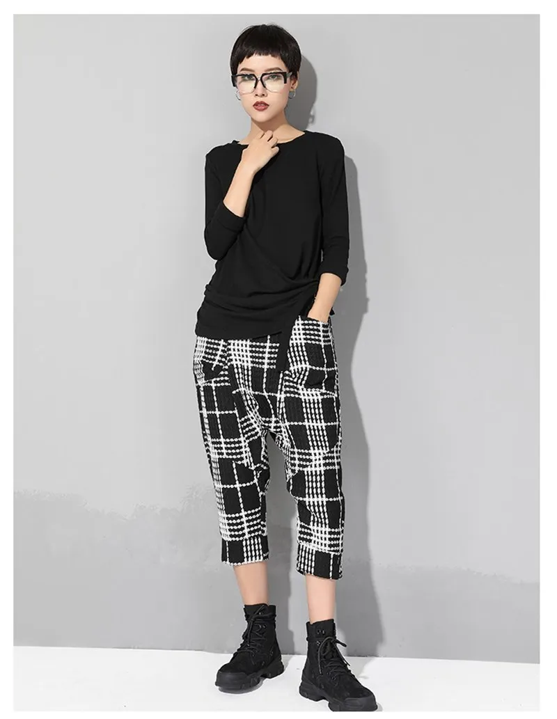 2019 Summer Women Casual Elastic Waist Harem Pants Pockets Black And White Plaid Loose Trousers Lace Up Ankle Length Pants 2019 Summer Women Casual Elastic Waist Harem Pants Pockets Black And White Plaid Loose Trousers Lace Up Ankle Length Pants