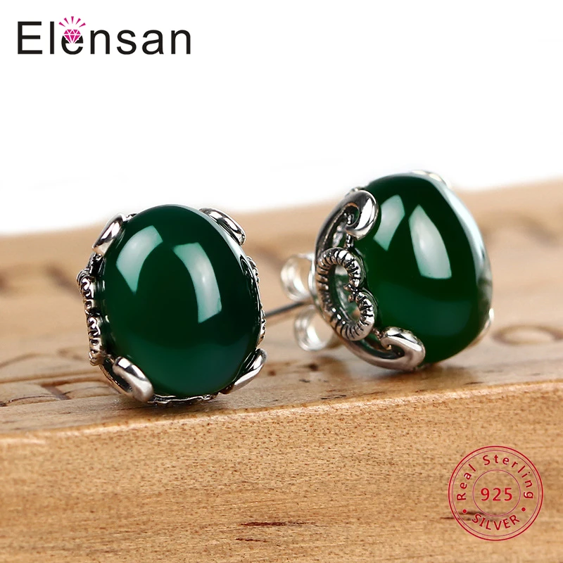 Elensan Natural Handmade Chalcedony/Ruby Stones 925 Sterling Silver Earrings Stub Inlaid with Precious Green/Mei Red for Woman | Украшения