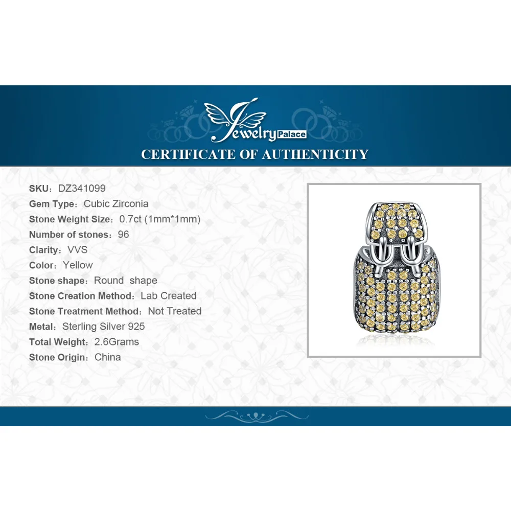 JewelryPalace желтый CZ проложить фианит рюкзак Шарм бисера Fit браслет 925 пробы серебро