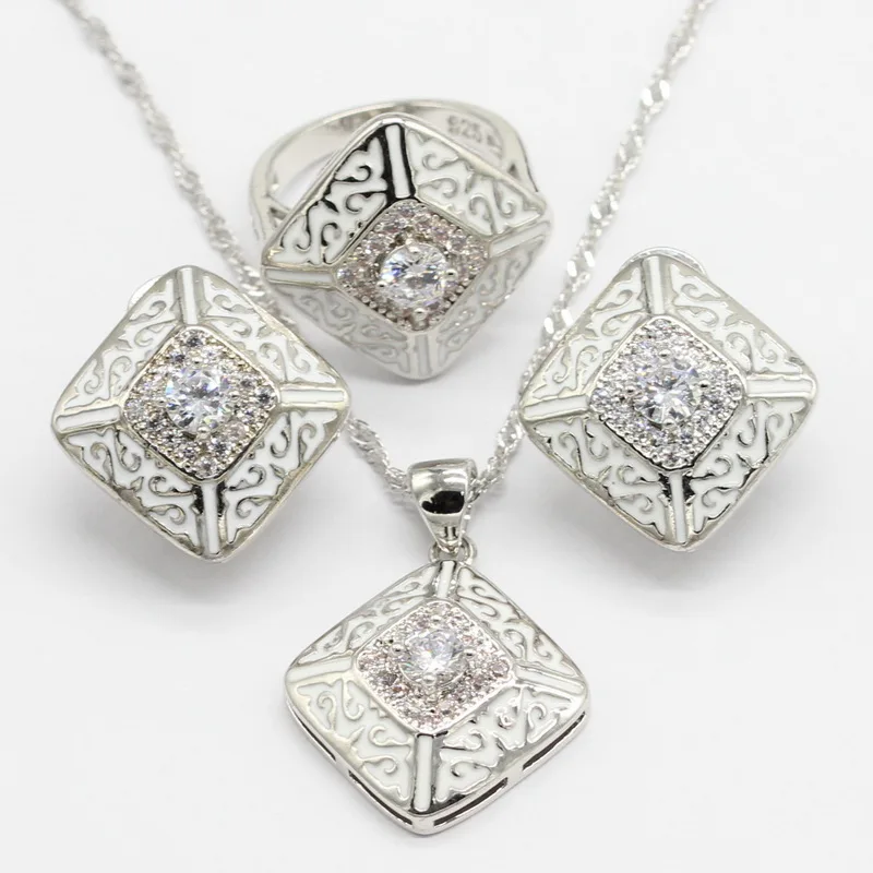 

925 Silver Bridal Jewelry Sets Women Daily Party White Semi-precious Square Shape Hoop Earrings Necklace Pendant Ring