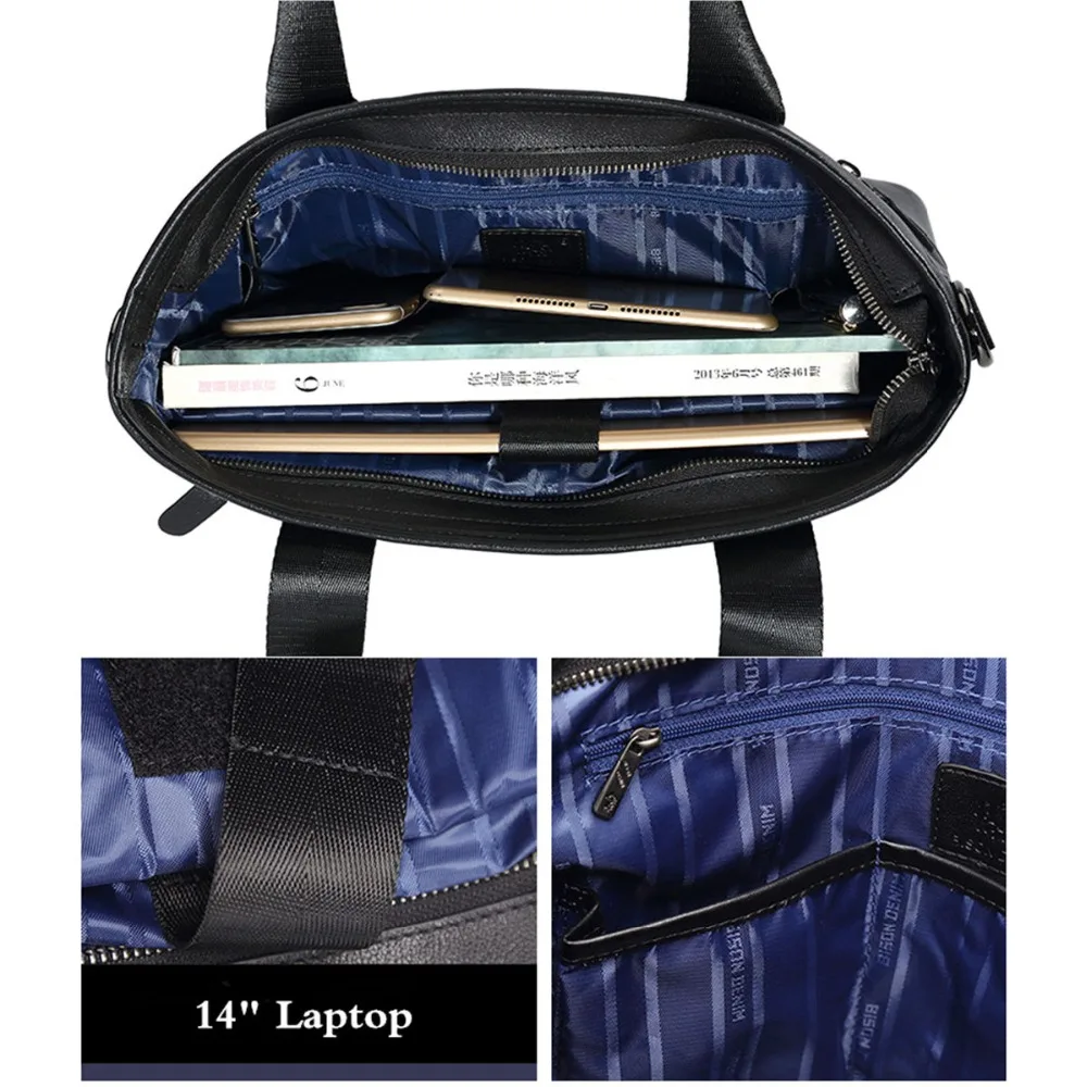 Bison Denim 100% Genuine Cowhide Leather 14'' Laptop Briefcase Men Messenger Bag Male Crossbody Sho